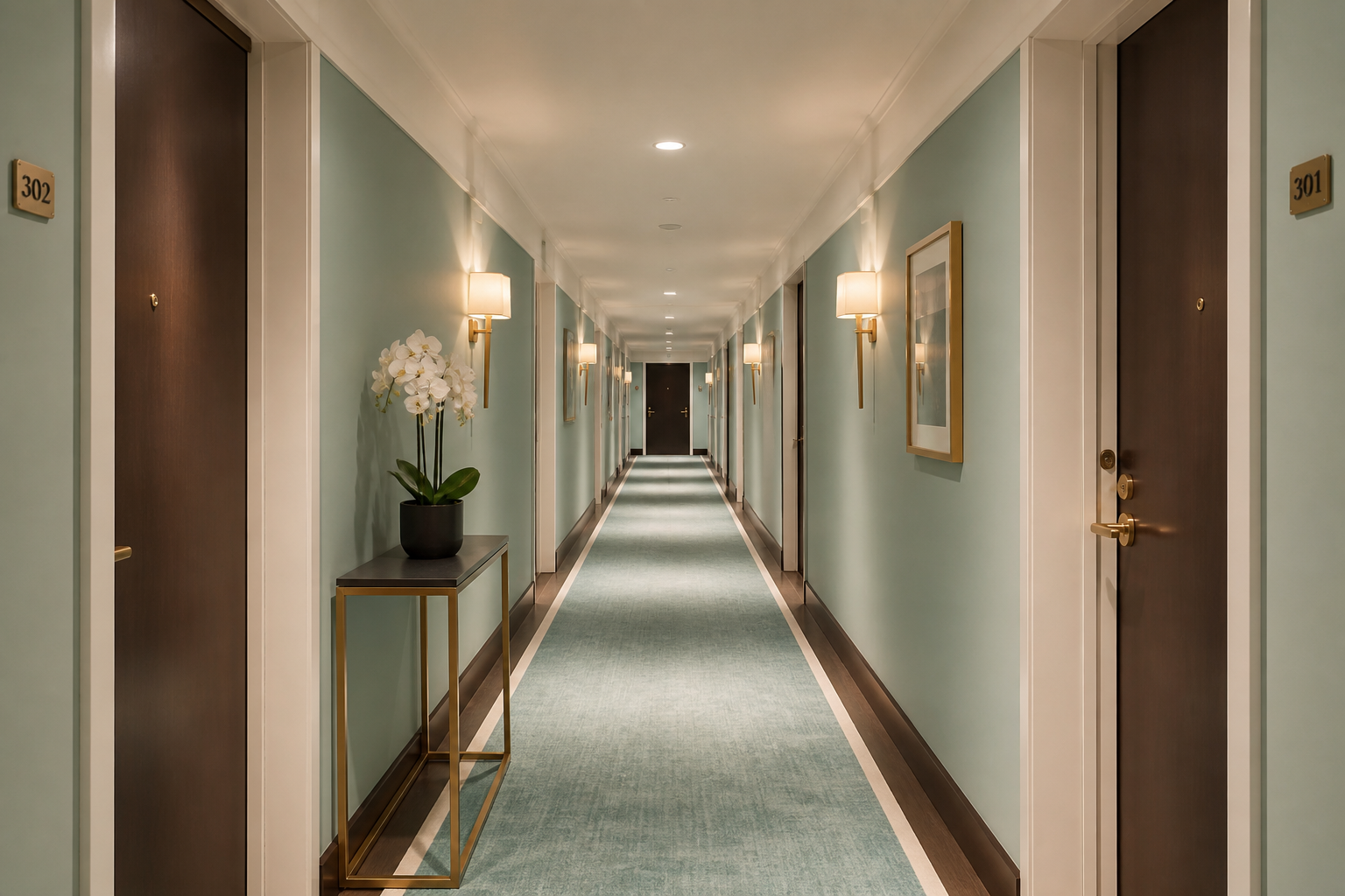 Illustrative hotel corridor atmosphere